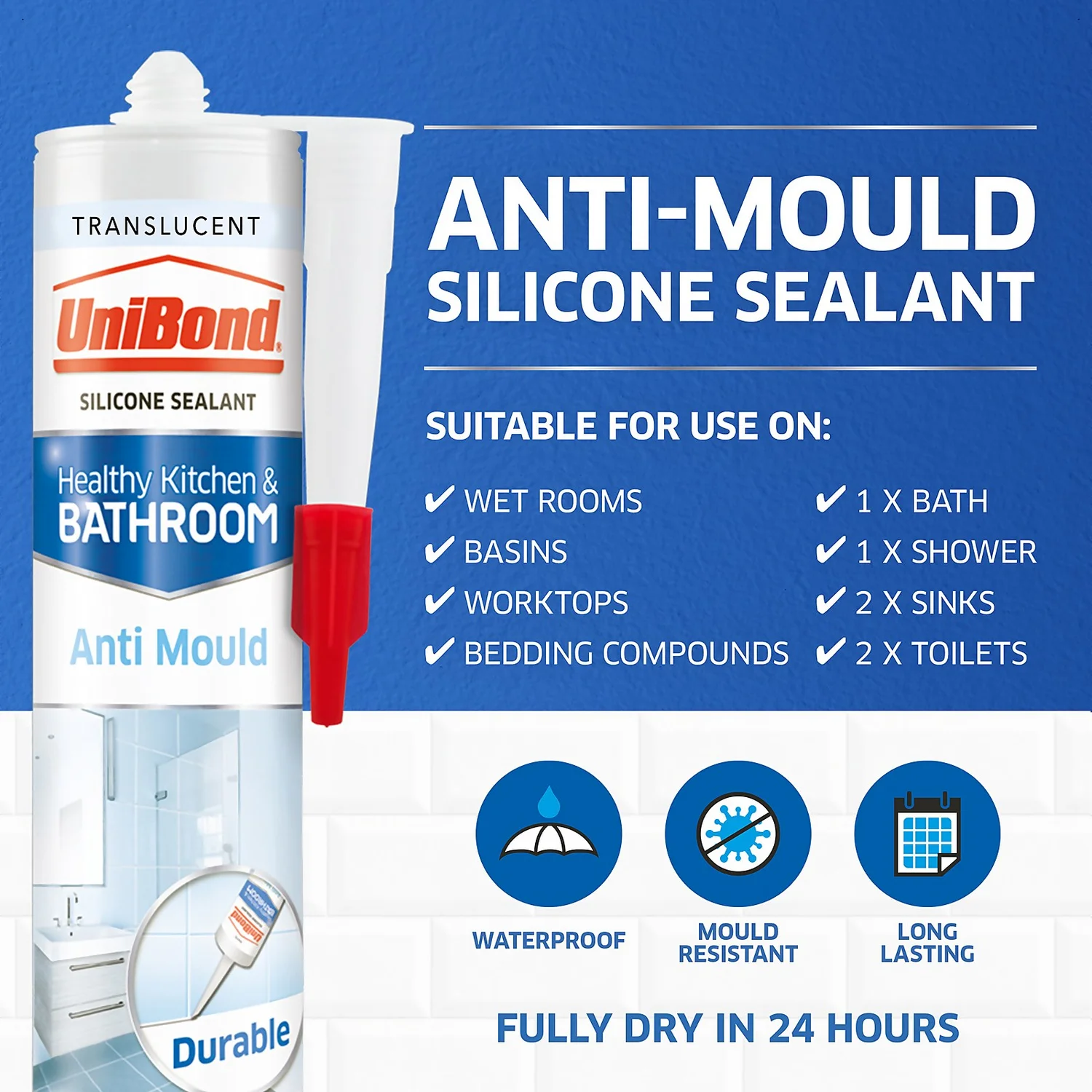 UniBond Anti Mould Kitchen and Bathroom Sealant - Translucent Cartridge 274g UniBond Anti Mould Kitchen And Bathroom Sealant - Translucent Cartridge 274g -Best Paint Shop 12807508 1435032994376492