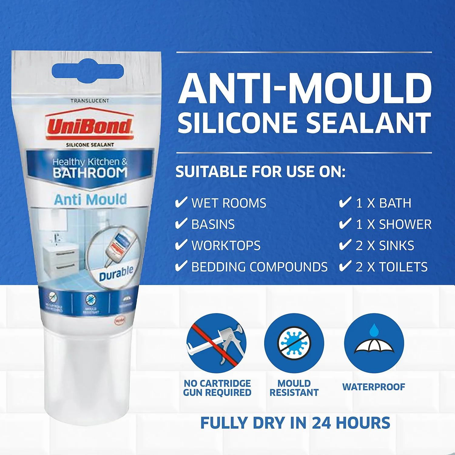 UniBond Anti Mould Kitchen and Bathroom Sealant - Translucent Tube 147g UniBond Anti Mould Kitchen And Bathroom Sealant - Translucent Tube 147g -Best Paint Shop 12838148 5655033055204564